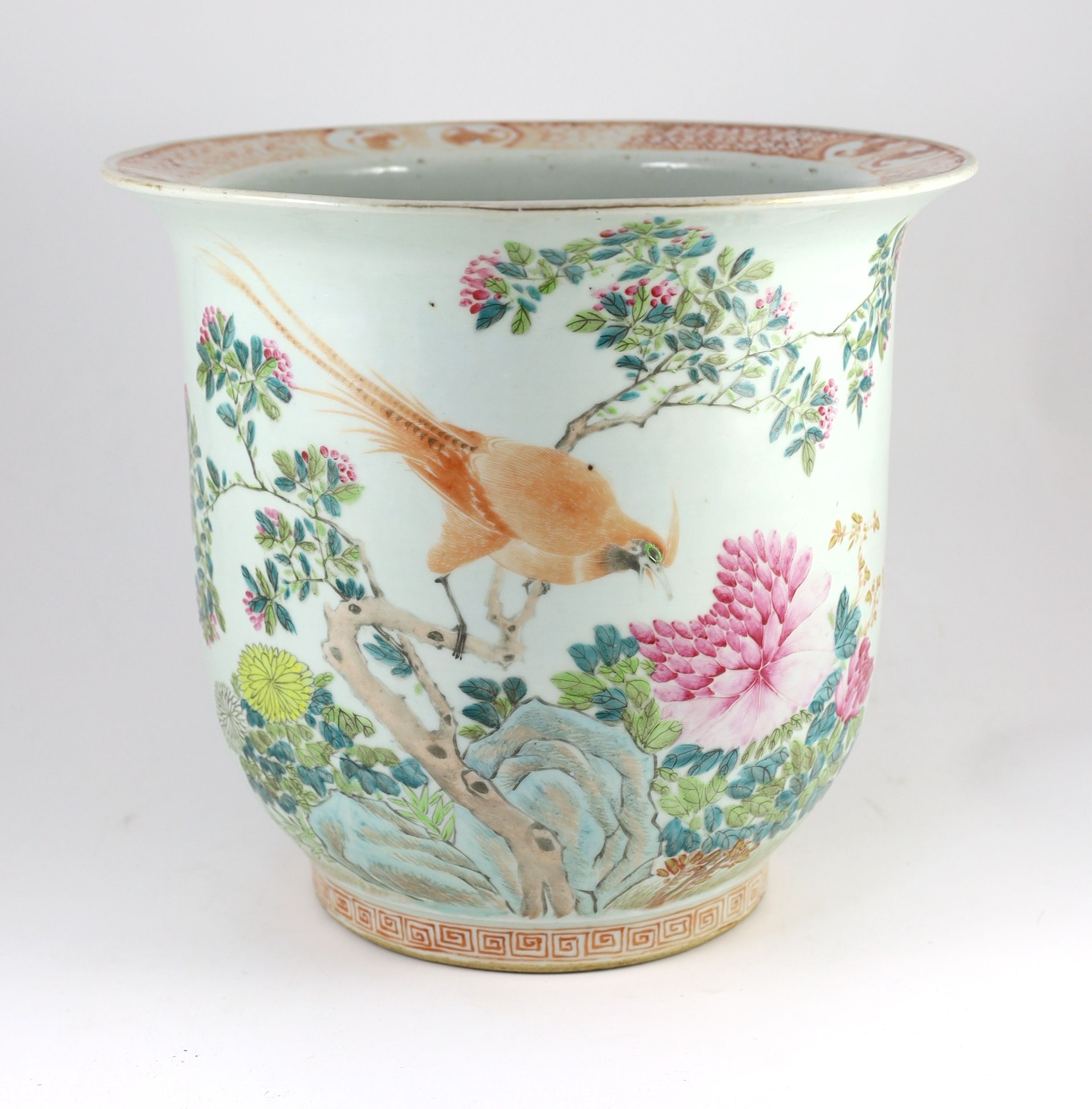 A large Chinese famille rose 'chicken' flower pot, early 20th century, 40 cm diameter, 36 cm high